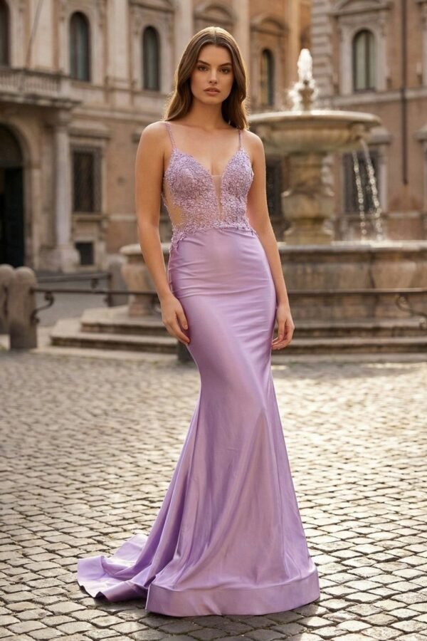 Mermaid Spaghetti Straps Lavender Satin Long Prom Dresses with Appliques