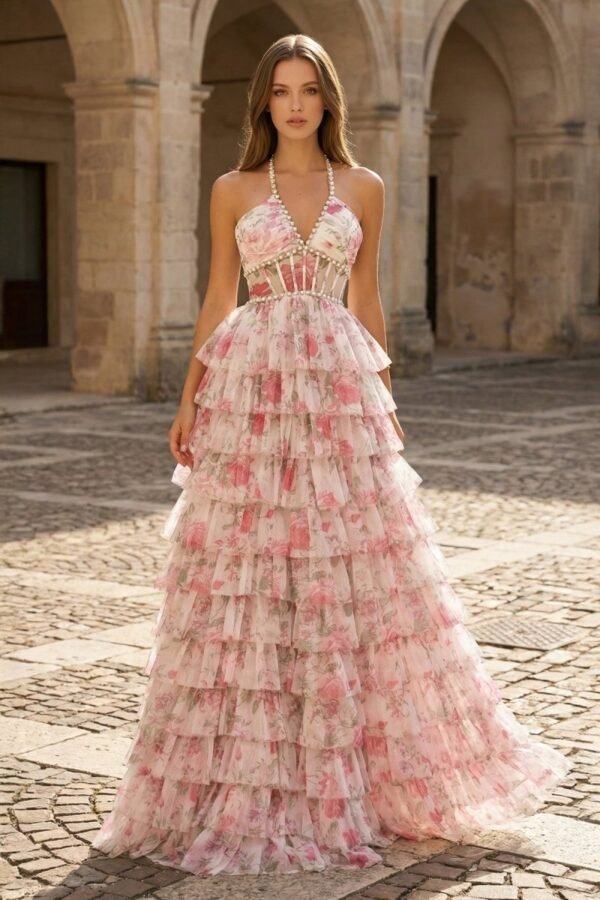 Pink A Line Floral Tulle Halter Long Prom Dress with Ruffles and Beading