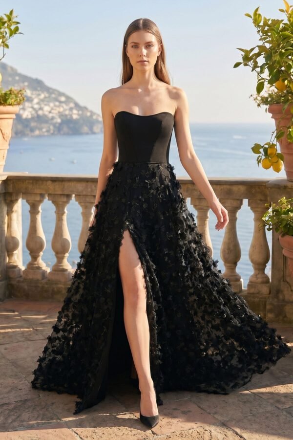 A-Line Strapless 3D Flowers Black Long Prom Dresses with Slit