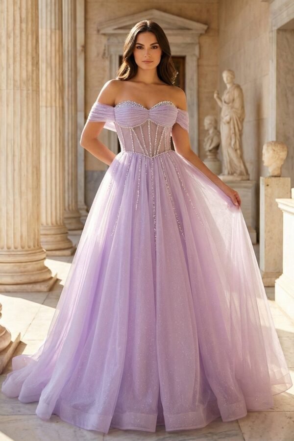 Lavender Beaded A-Line Tulle Prom Dress with Off Shoulder